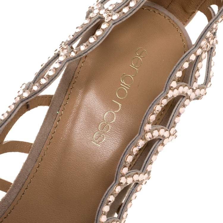 Pre Owned Sergio Rossi Beige Crystal Embellished Suede Leather Cutout Open Toe Sandals Size 39