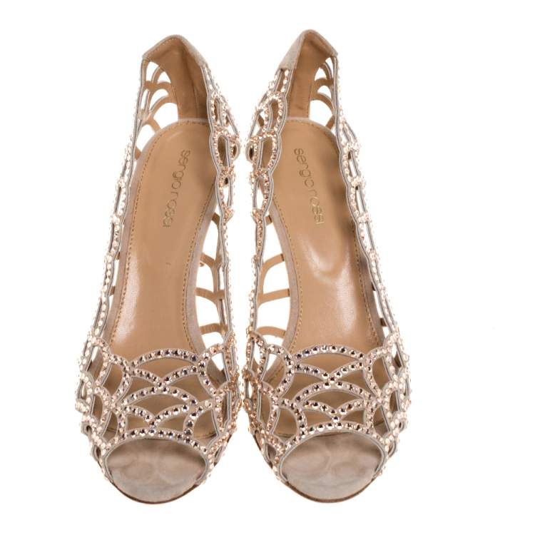 Pre Owned Sergio Rossi Beige Crystal Embellished Suede Leather Cutout Open Toe Sandals Size 39