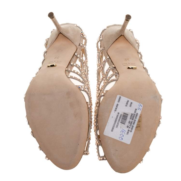 Pre Owned Sergio Rossi Beige Crystal Embellished Suede Leather Cutout Open Toe Sandals Size 39