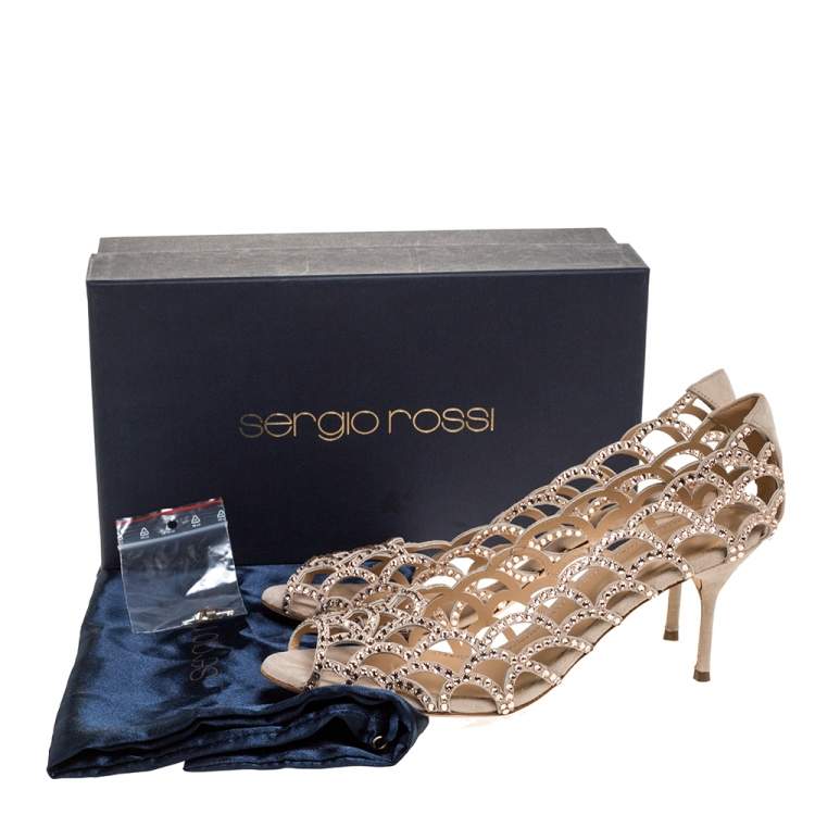 Pre Owned Sergio Rossi Beige Crystal Embellished Suede Leather Cutout Open Toe Sandals Size 39