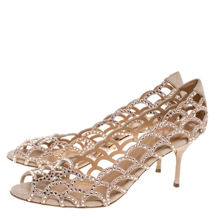 Pre Owned Sergio Rossi Beige Crystal Embellished Suede Leather Cutout Open Toe Sandals Size 39