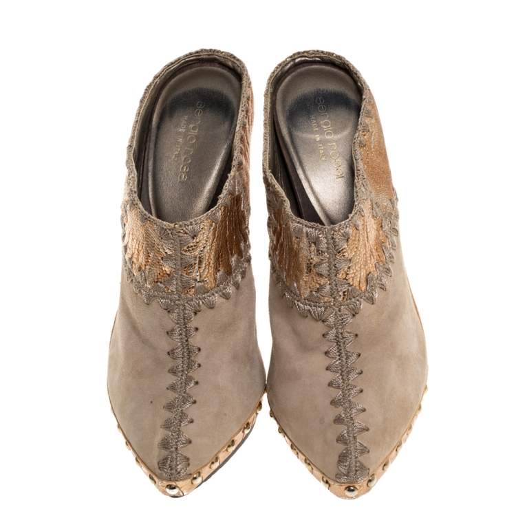 Pre Owned Sergio Rossi Beige Suede Stud Trim Wooden Platform Pointed Toe Mules Size 37.5