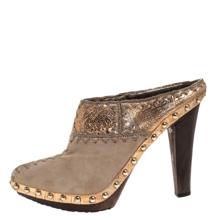 Pre Owned Sergio Rossi Beige Suede Stud Trim Wooden Platform Pointed Toe Mules Size 37.5