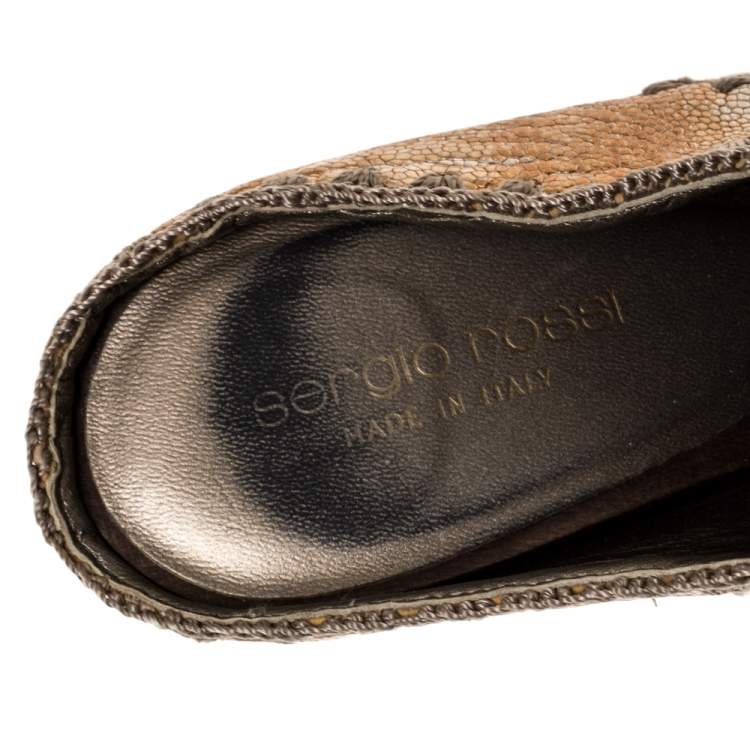 Pre Owned Sergio Rossi Beige Suede Stud Trim Wooden Platform Pointed Toe Mules Size 37.5