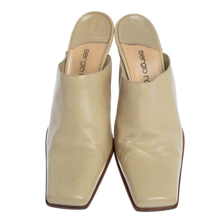 Pre Owned Sergio Rossi Cream Leather Block Heel Square Toe Mules Size 39