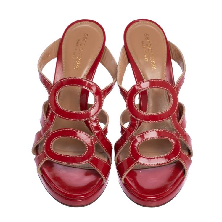 Pre Owned Sergio Rossi Red Patent Leather Slide Sandals Size 38.5