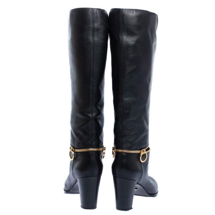 Pre Owned Sergio Rossi Black Leather Zip Detail Knee High Block Heel Boots Size 38