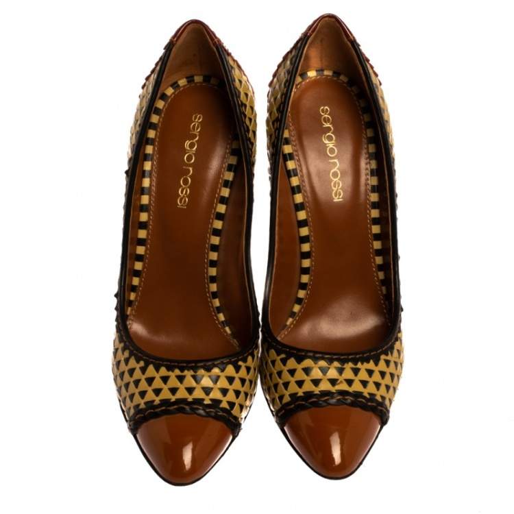Pre Owned Sergio Rossi Multicolor Woven Leather And Patent Pumps Size 35.5