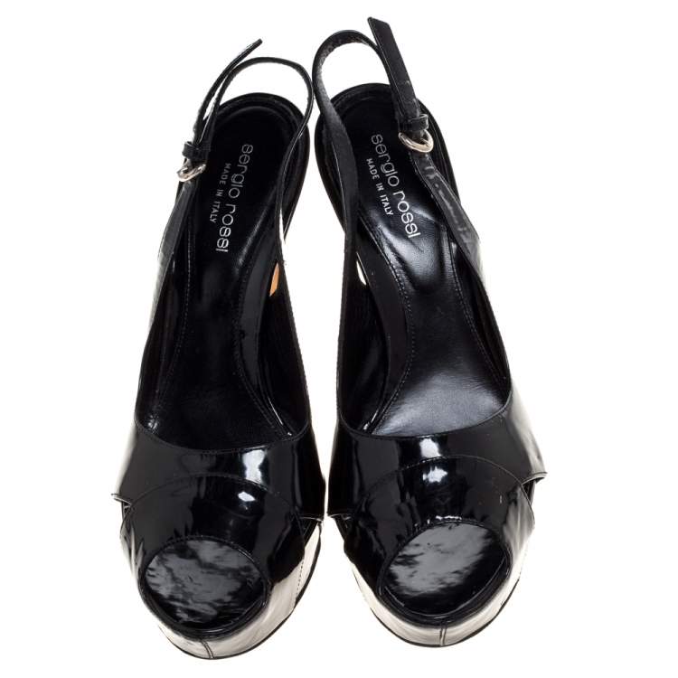 Pre Owned Sergio Rossi Black Patent Leather Slingback Peep Toe Platform Sandals Size 39