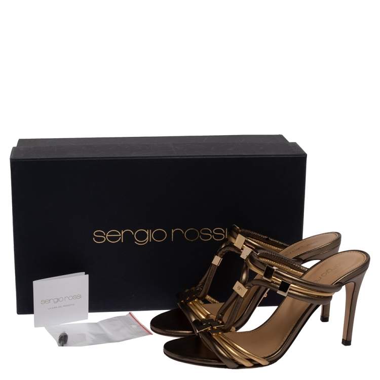 Pre Owned Sergio Rossi Metallic Dark Green/Gold Leather T Strap Slide Sandals Size 35