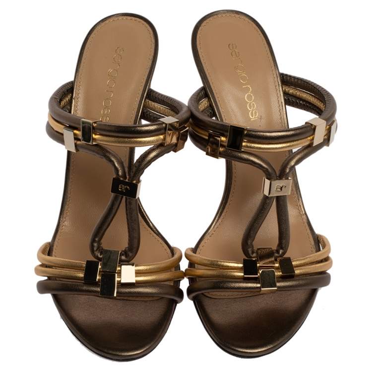 Pre Owned Sergio Rossi Metallic Dark Green/Gold Leather T Strap Slide Sandals Size 35