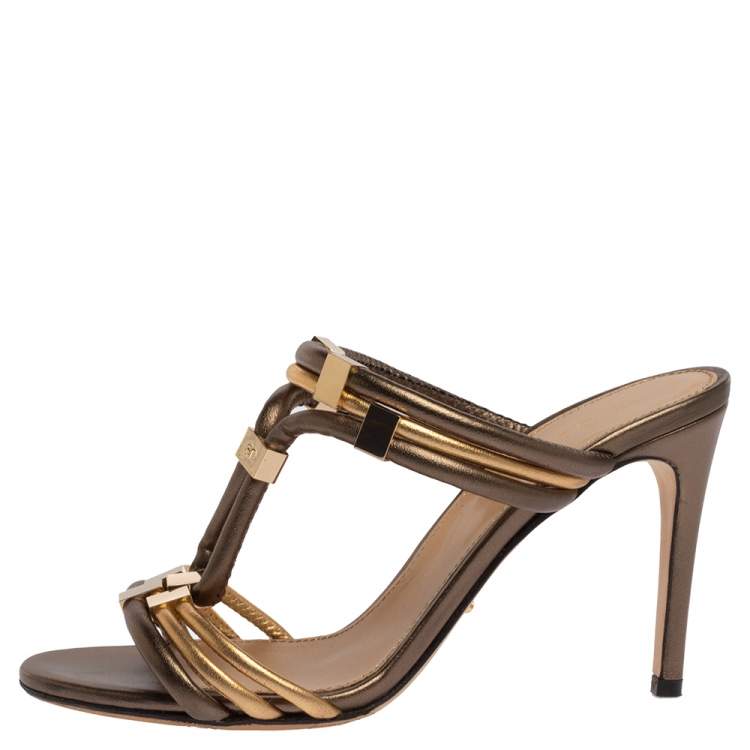 Pre Owned Sergio Rossi Metallic Dark Green/Gold Leather T Strap Slide Sandals Size 35