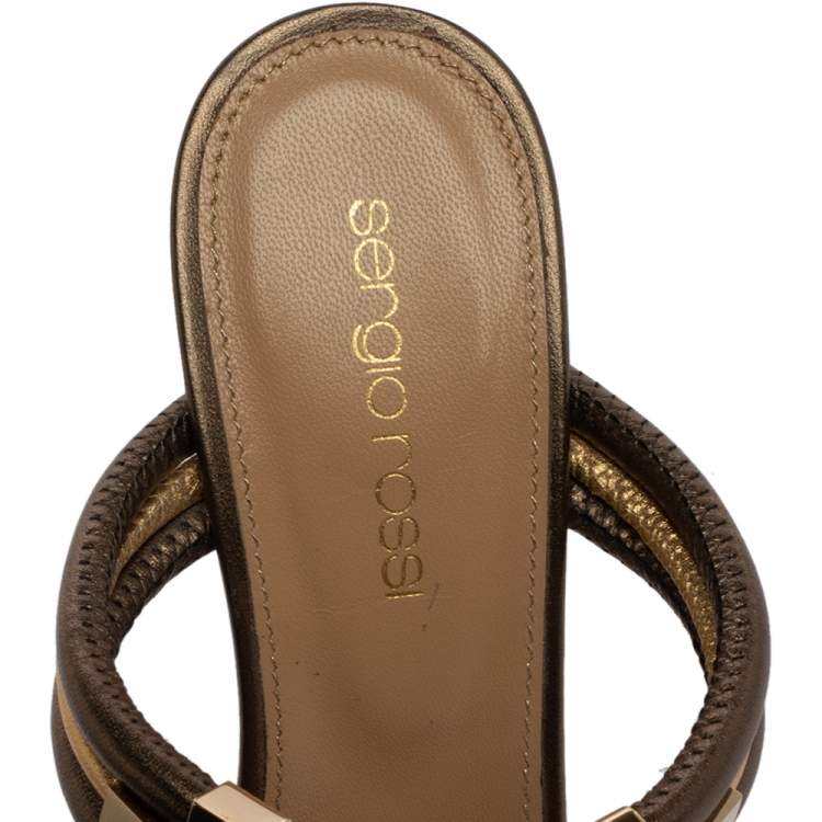 Pre Owned Sergio Rossi Metallic Dark Green/Gold Leather T Strap Slide Sandals Size 35