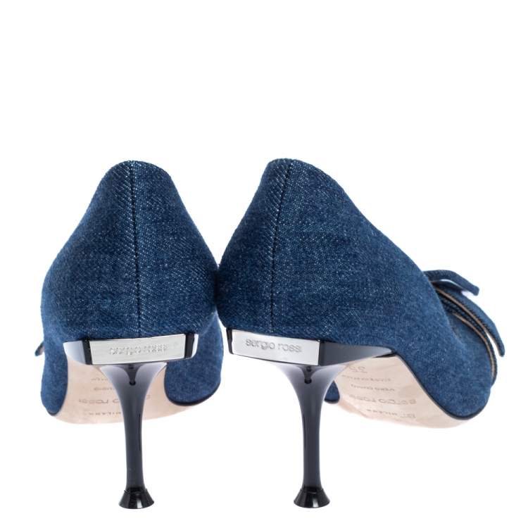 Pre Owned Sergio Rossi Blue Denim Buckle Pointed Toe Pumps Size 35