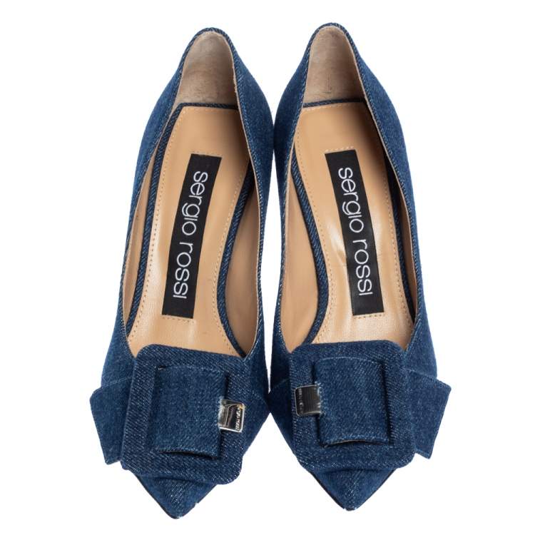 Pre Owned Sergio Rossi Blue Denim Buckle Pointed Toe Pumps Size 35