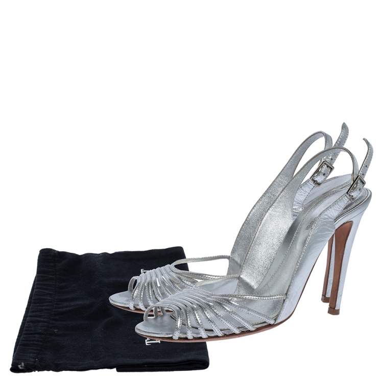 Pre Owned Sergio Rossi Silver Leather Strappy Ankle Strap Sandals Size 38.5