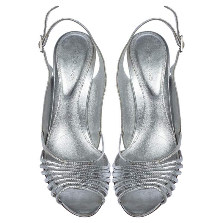 Pre Owned Sergio Rossi Silver Leather Strappy Ankle Strap Sandals Size 38.5
