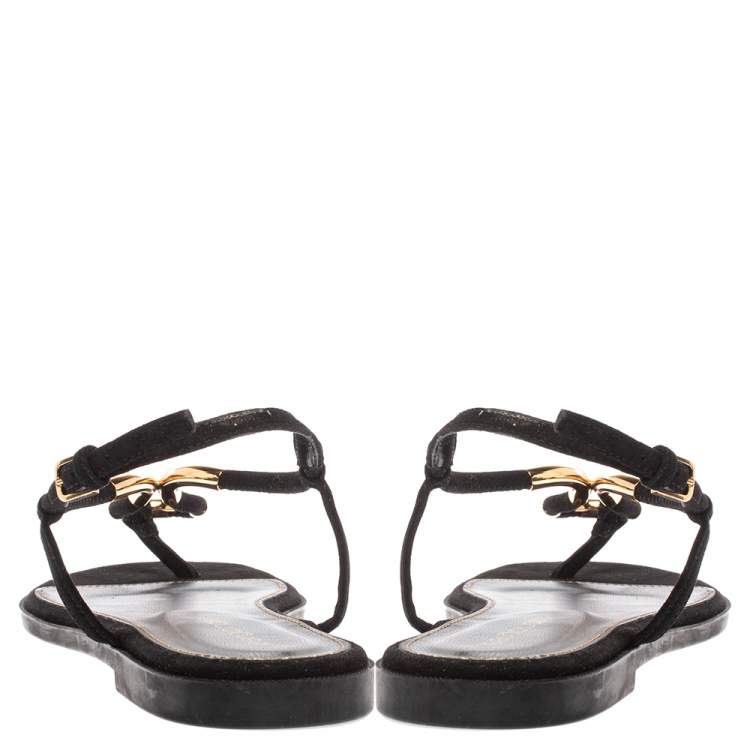 Pre Owned Sergio Rossi Black Suede Gold Embellished Flat Sandals Size 38