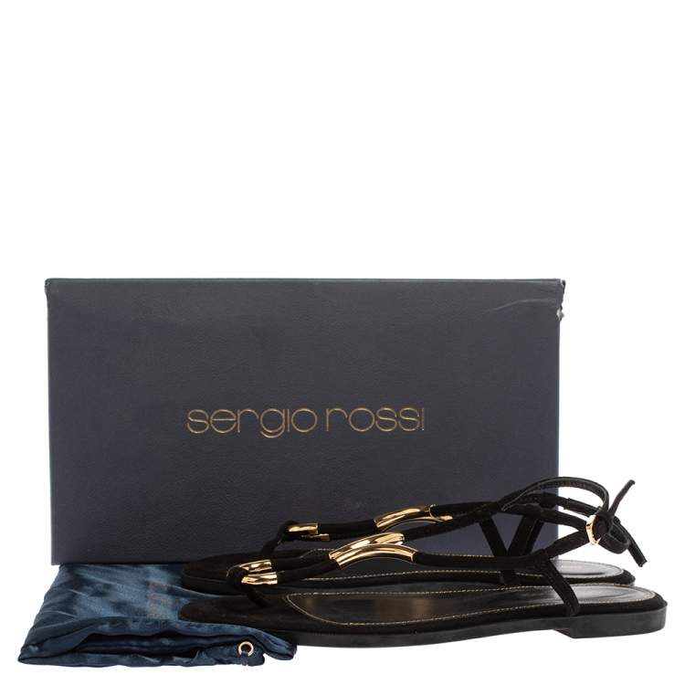 Pre Owned Sergio Rossi Black Suede Gold Embellished Flat Sandals Size 38