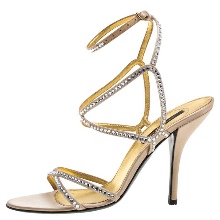Pre Owned Sergio Rossi Beige Crystal Embellished Satin Ankle Strap Sandals Size 39