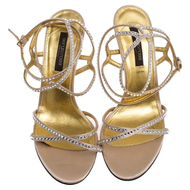 Pre Owned Sergio Rossi Beige Crystal Embellished Satin Ankle Strap Sandals Size 39