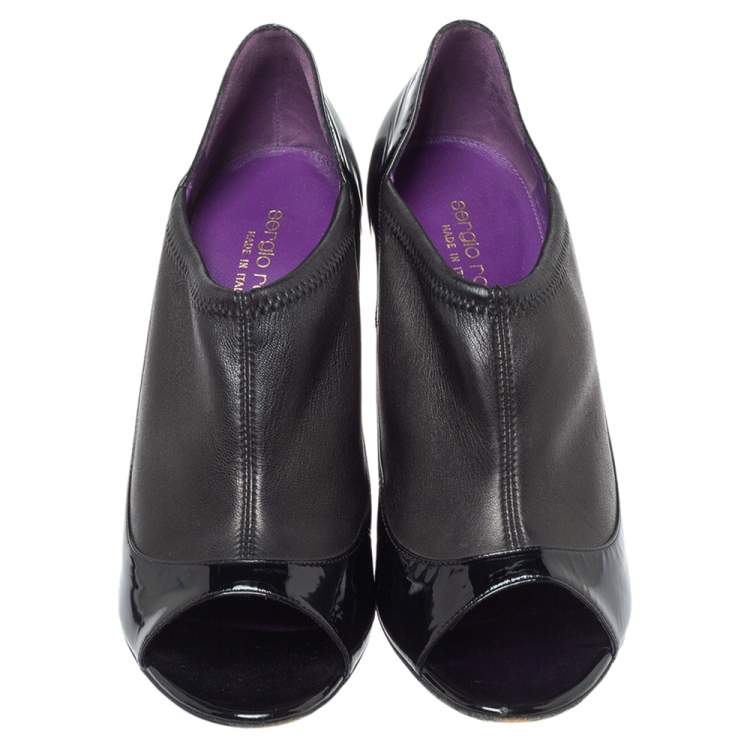 Pre Owned Sergio Rossi Black Patent Leather And Stretch Leather Slip On Booties Size 38.5