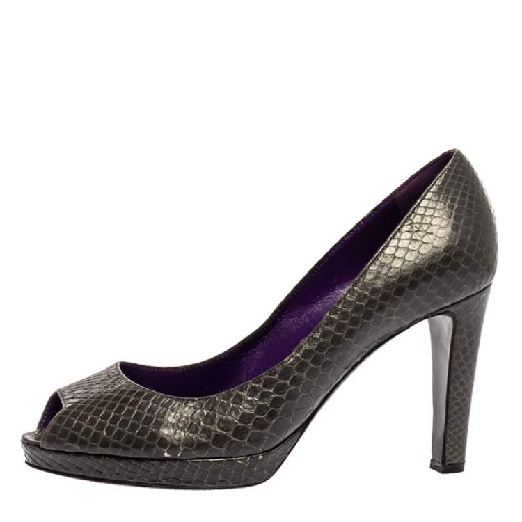 Pre Owned Sergio Rossi Grey Python Peep Toe Platform Pumps Size 38