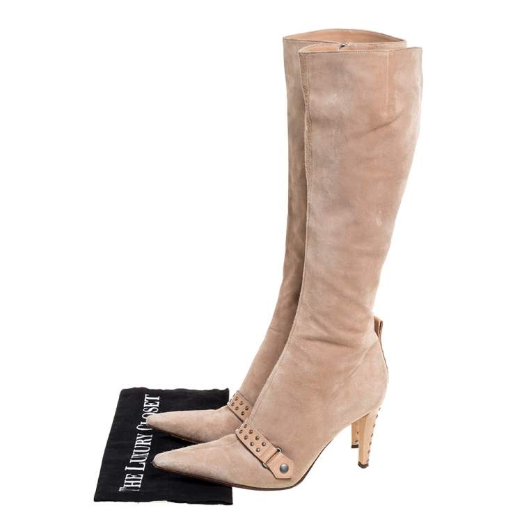 Pre Owned Sergio Rossi Beige Suede And Leather Studded Detail Knee Length Boots Size 35.5