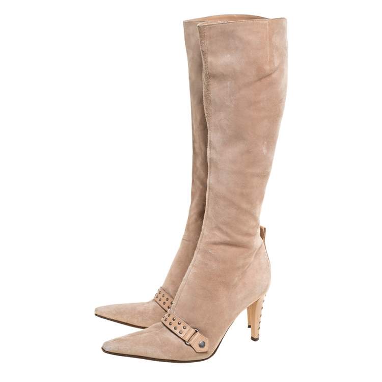 Pre Owned Sergio Rossi Beige Suede And Leather Studded Detail Knee Length Boots Size 35.5