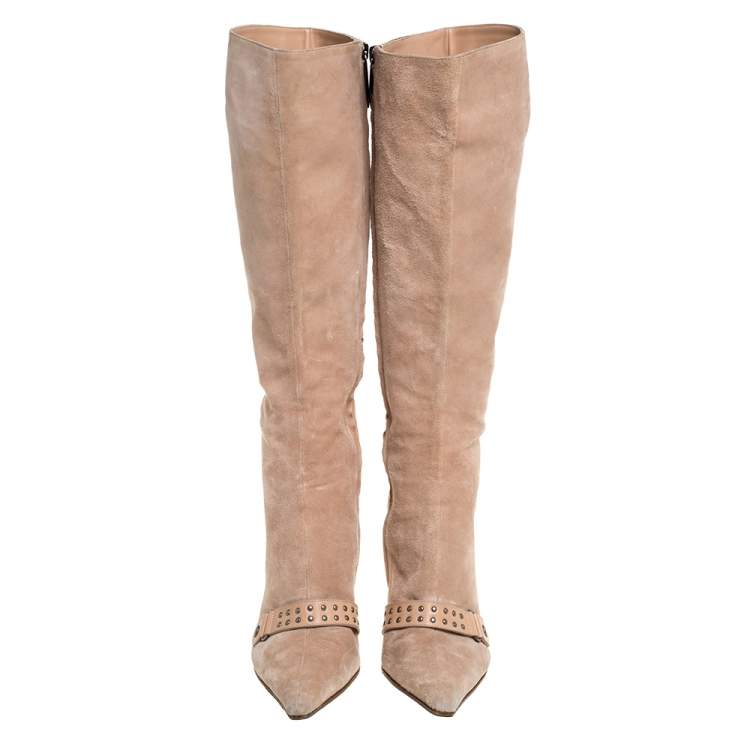 Pre Owned Sergio Rossi Beige Suede And Leather Studded Detail Knee Length Boots Size 35.5