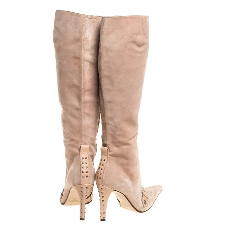 Pre Owned Sergio Rossi Beige Suede And Leather Studded Detail Knee Length Boots Size 35.5