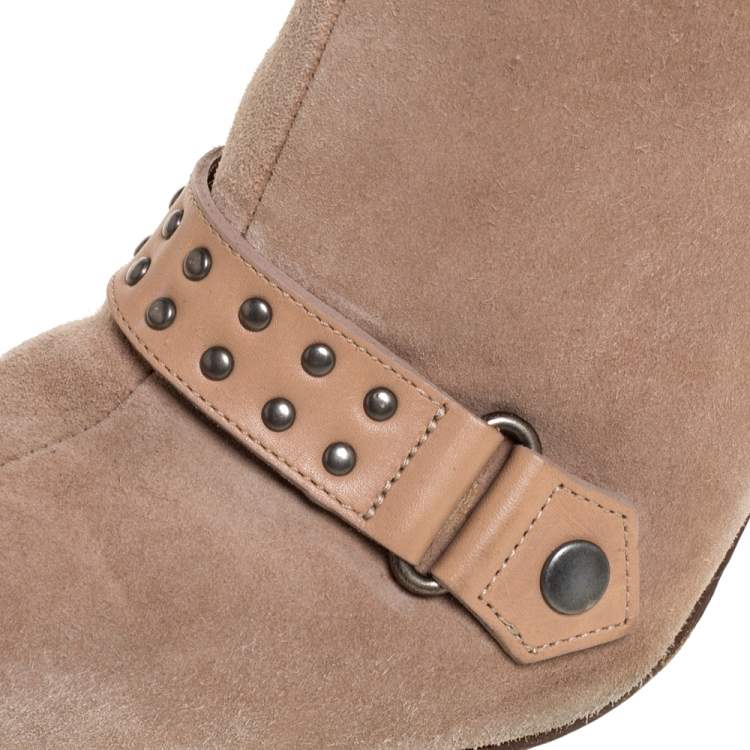 Pre Owned Sergio Rossi Beige Suede And Leather Studded Detail Knee Length Boots Size 35.5