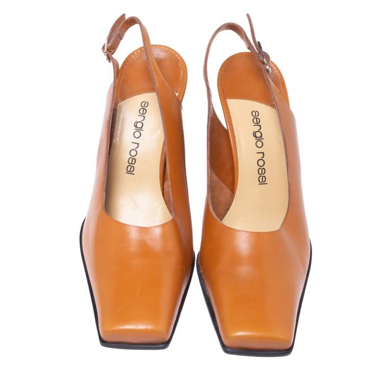 Pre Owned Sergio Rossi Tan Leather Vintage Slingback Square Toe Pumps Size 38.5
