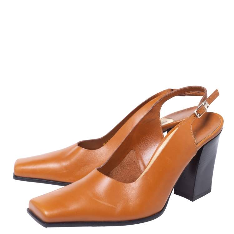 Pre Owned Sergio Rossi Tan Leather Vintage Slingback Square Toe Pumps Size 38.5