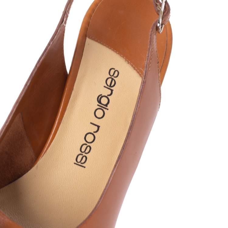 Pre Owned Sergio Rossi Tan Leather Vintage Slingback Square Toe Pumps Size 38.5