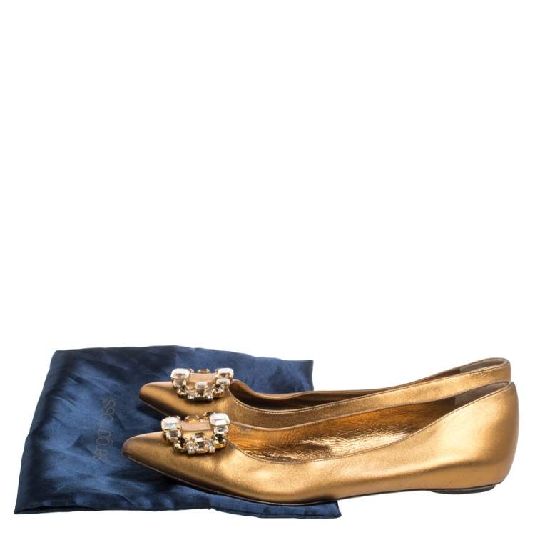 Pre Owned Sergio Rossi Gold Leather Crystal Embellished Ballet Flats Size 39