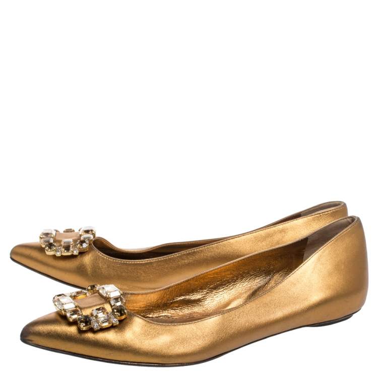 Pre Owned Sergio Rossi Gold Leather Crystal Embellished Ballet Flats Size 39