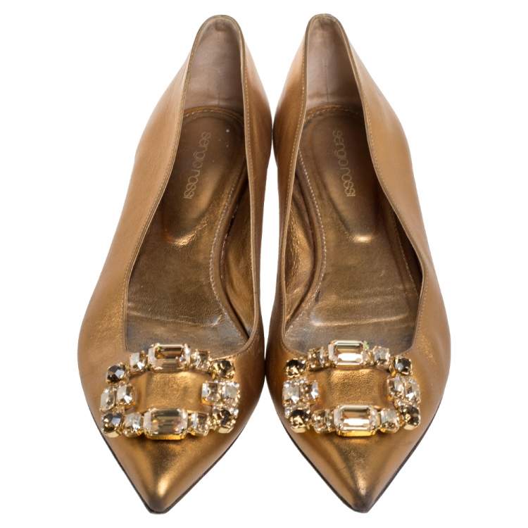Pre Owned Sergio Rossi Gold Leather Crystal Embellished Ballet Flats Size 39