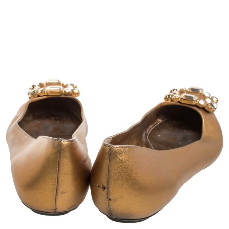 Pre Owned Sergio Rossi Gold Leather Crystal Embellished Ballet Flats Size 39