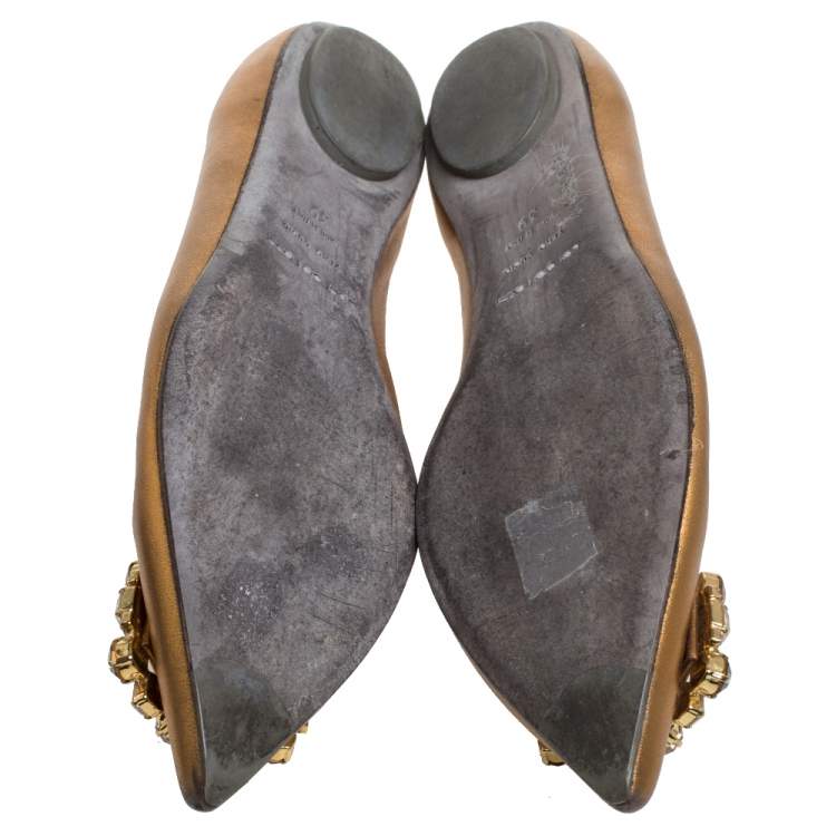 Pre Owned Sergio Rossi Gold Leather Crystal Embellished Ballet Flats Size 39
