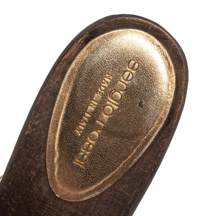 Pre Owned Sergio Rossi Gold Criss Cross Leather Platform Wooden Slide Sandals Size 40