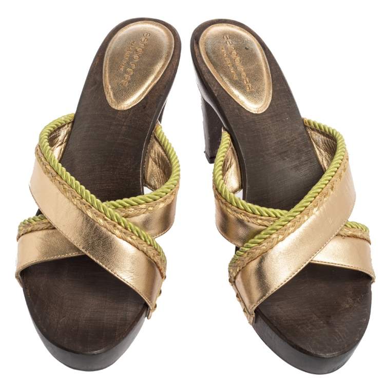Pre Owned Sergio Rossi Gold Criss Cross Leather Platform Wooden Slide Sandals Size 40