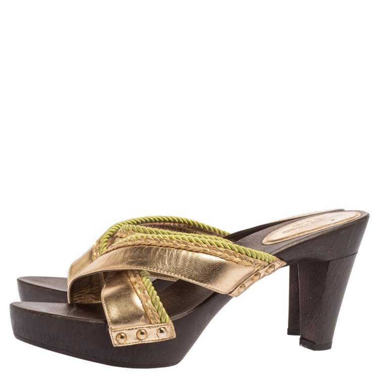 Pre Owned Sergio Rossi Gold Criss Cross Leather Platform Wooden Slide Sandals Size 40