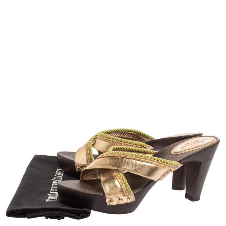 Pre Owned Sergio Rossi Gold Criss Cross Leather Platform Wooden Slide Sandals Size 40