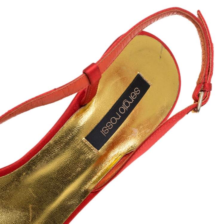 Pre Owned Sergio Rossi Burnt Orange/Gold Satin Strappy Embellished Slingback Sandals Size 41