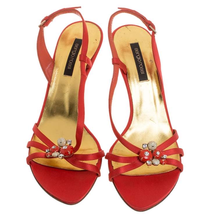 Pre Owned Sergio Rossi Burnt Orange/Gold Satin Strappy Embellished Slingback Sandals Size 41