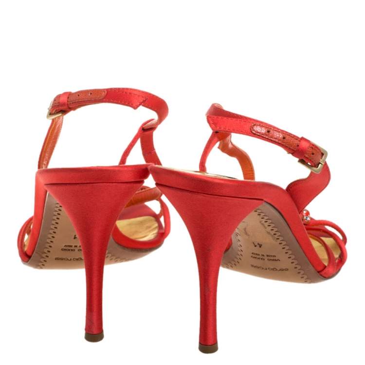 Pre Owned Sergio Rossi Burnt Orange/Gold Satin Strappy Embellished Slingback Sandals Size 41