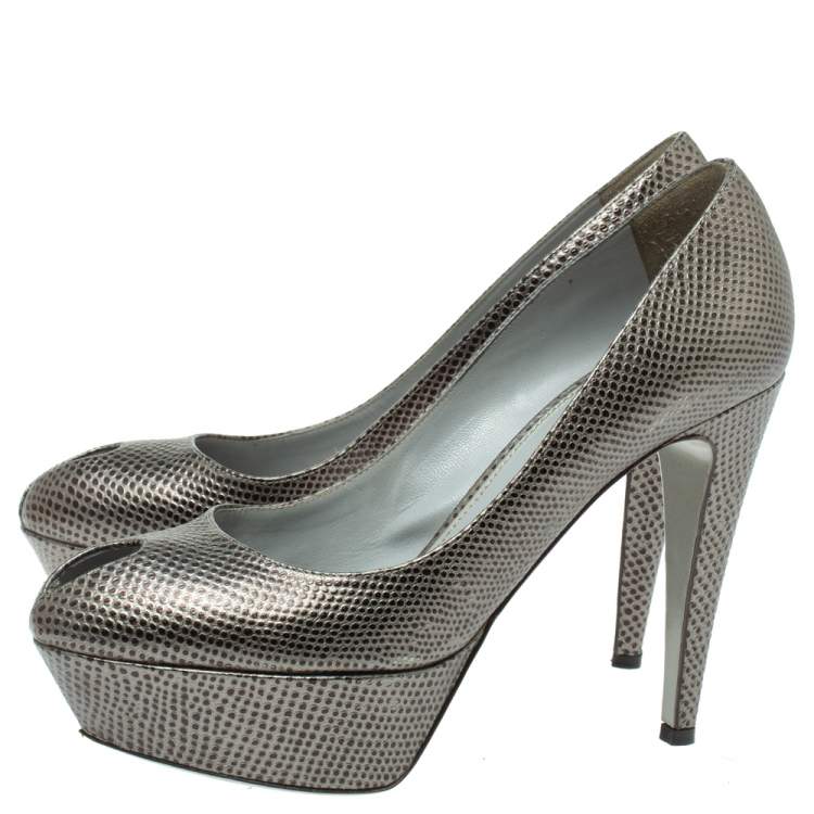 Pre Owned Sergio Rossi Grey Lizard Embossed Leather Peep Toe Platform Pumps Size 38