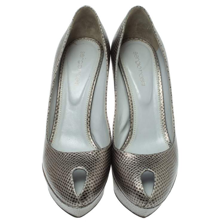 Pre Owned Sergio Rossi Grey Lizard Embossed Leather Peep Toe Platform Pumps Size 38