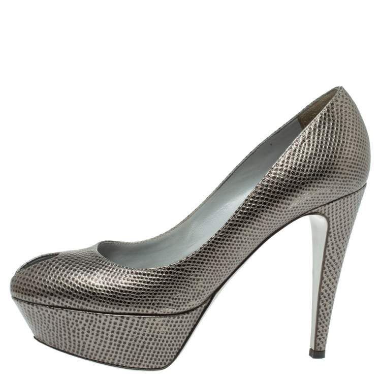 Pre Owned Sergio Rossi Grey Lizard Embossed Leather Peep Toe Platform Pumps Size 38
